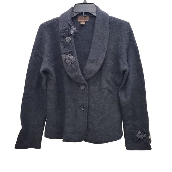 Fenn Wright Manson Women's Charcoal 100% Wool Flower Applique Blazer Jacket Sz S - Picture 1 of 4